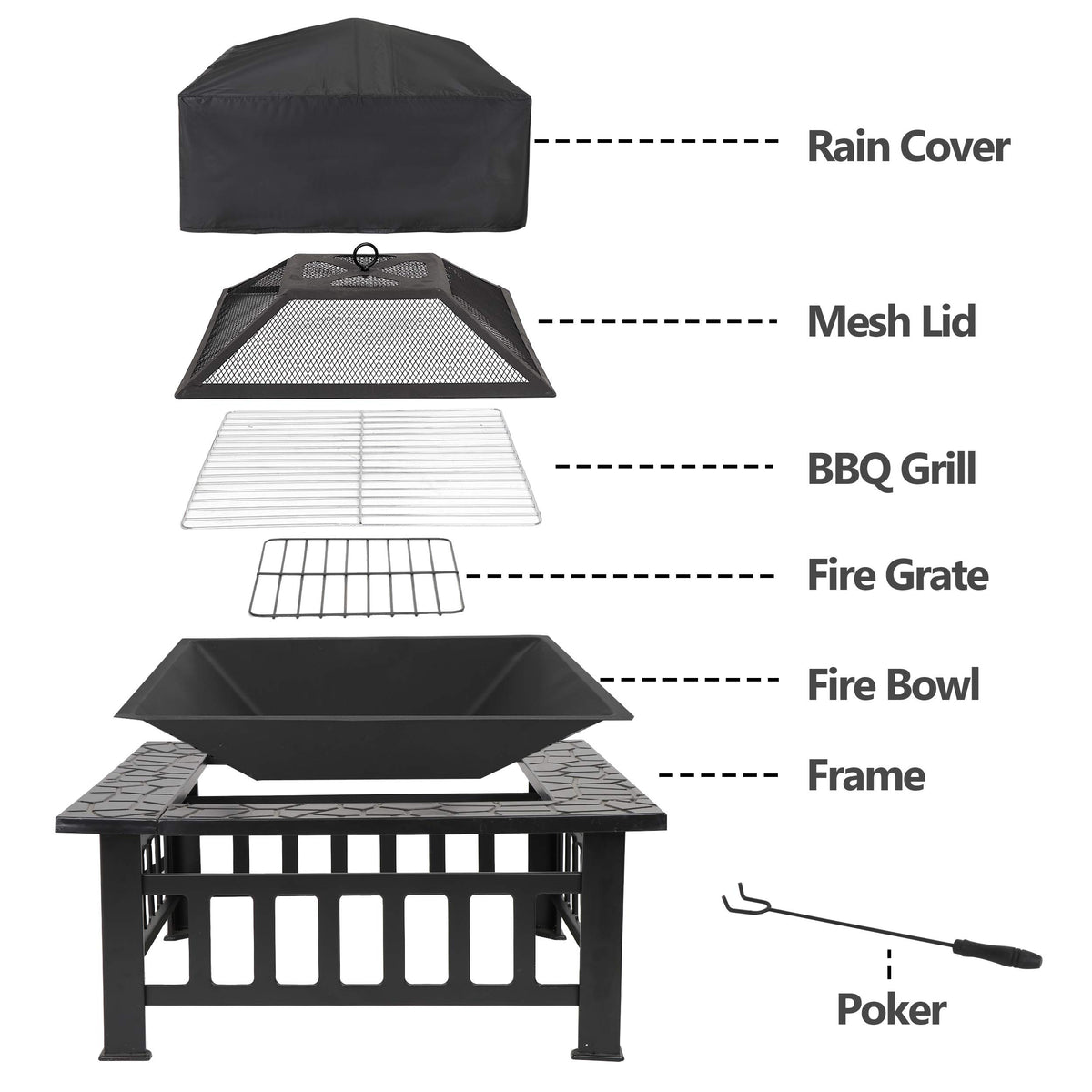 32" Square Metal Wood Burning Fire Pit Table T1507