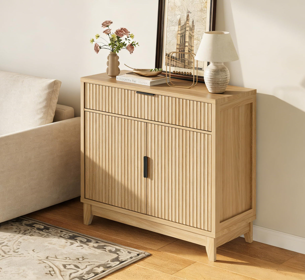 32" Fluted Oak Sideboard Buffet Cabinet with Storage I74884