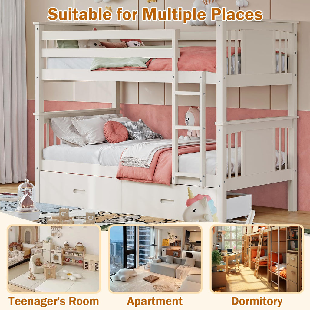 Solid Wood Twin-Over-Twin Bunk Bed with 2 Storage Drawers A1457