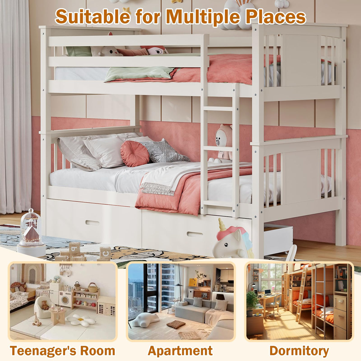 Solid Wood Twin-Over-Twin Bunk Bed with 2 Storage Drawers A1457