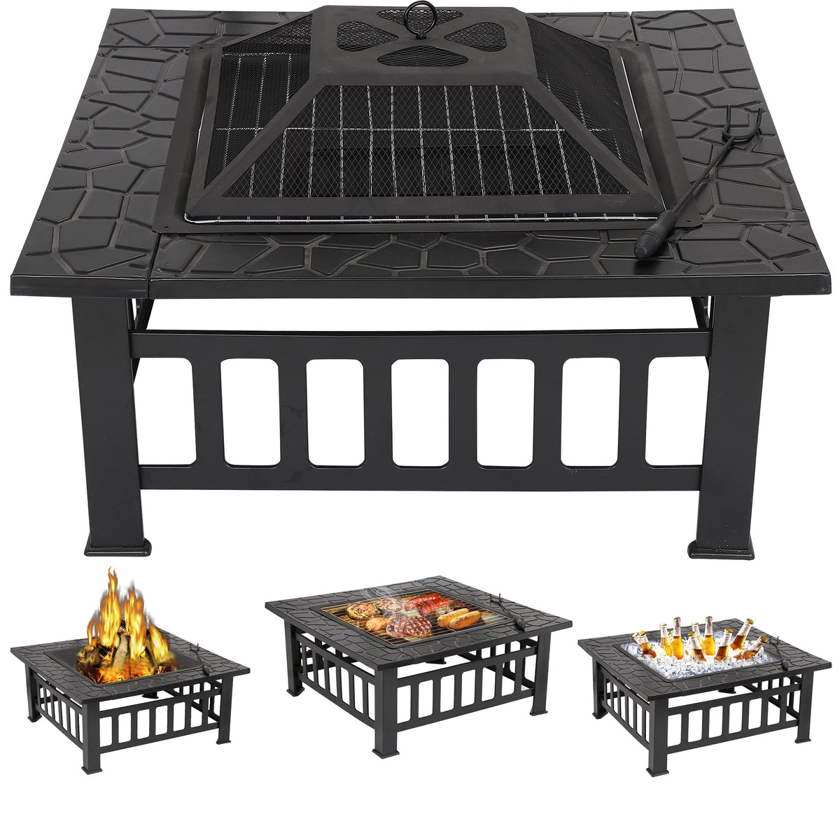 32" Square Metal Wood Burning Fire Pit Table T1507