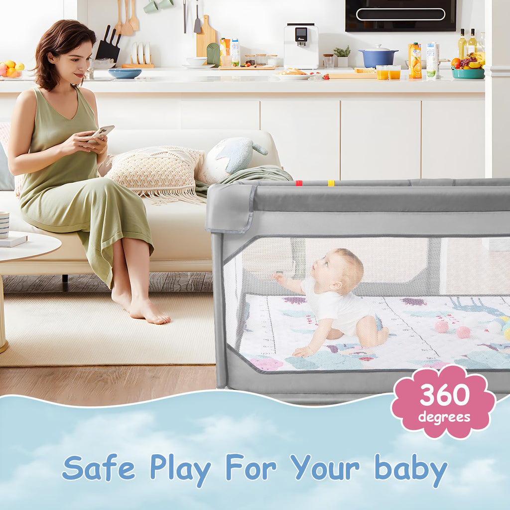 75" x 59" Grey Baby Playpen with Mat Q210027
