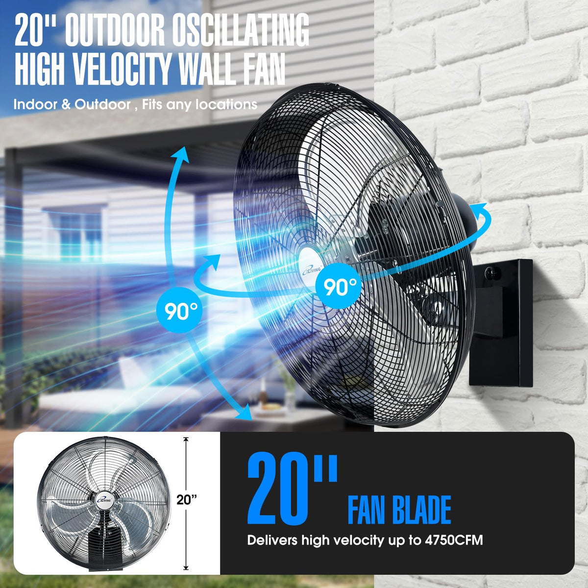 20" Outdoor Oscillating High Velocity Wall Fan, Black G8432