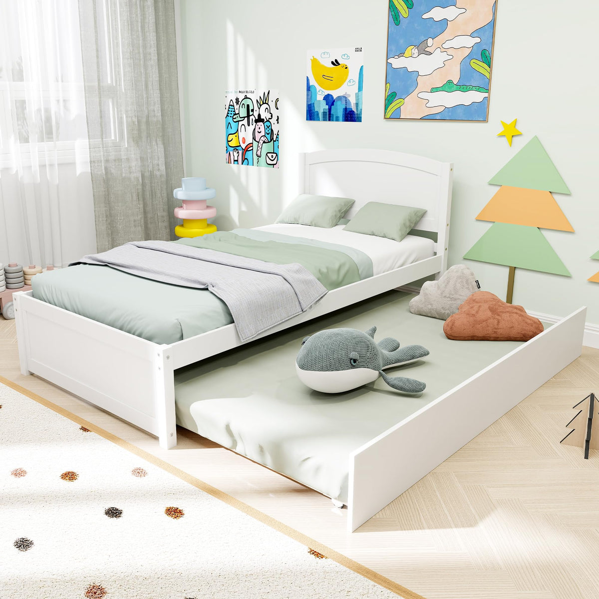 White Twin Trundle Bed with Headboard B9688