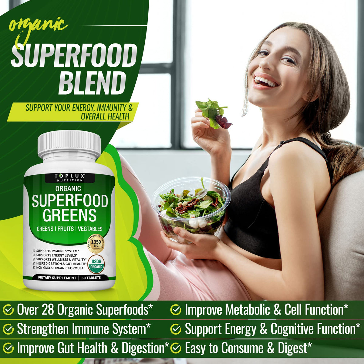 Organic Super Greens Capsules Superfood Supplement 60 Tablets O613517