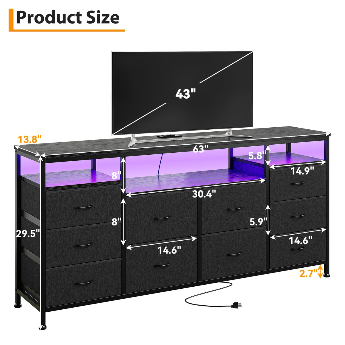 Black 10 Drawer Fabric Dresser with LED Lights & Charging Ports T92652