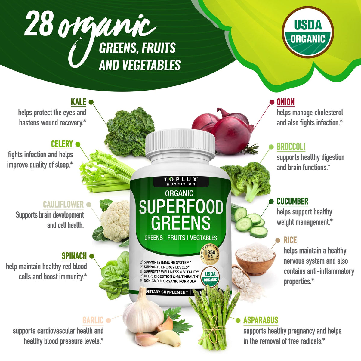 Organic Super Greens Capsules Superfood Supplement 60 Tablets O613517