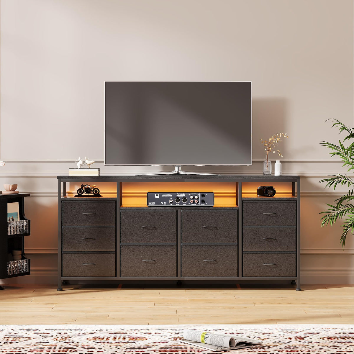 Black 10 Drawer Fabric Dresser with LED Lights & Charging Ports T92652