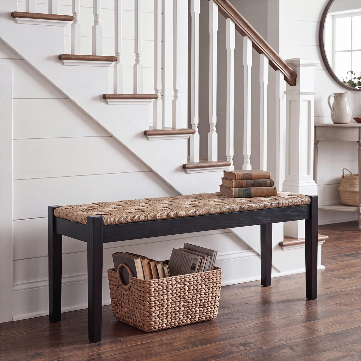46-Inch Acacia Wood Entryway Bench with Woven Seagrass Seat V319710