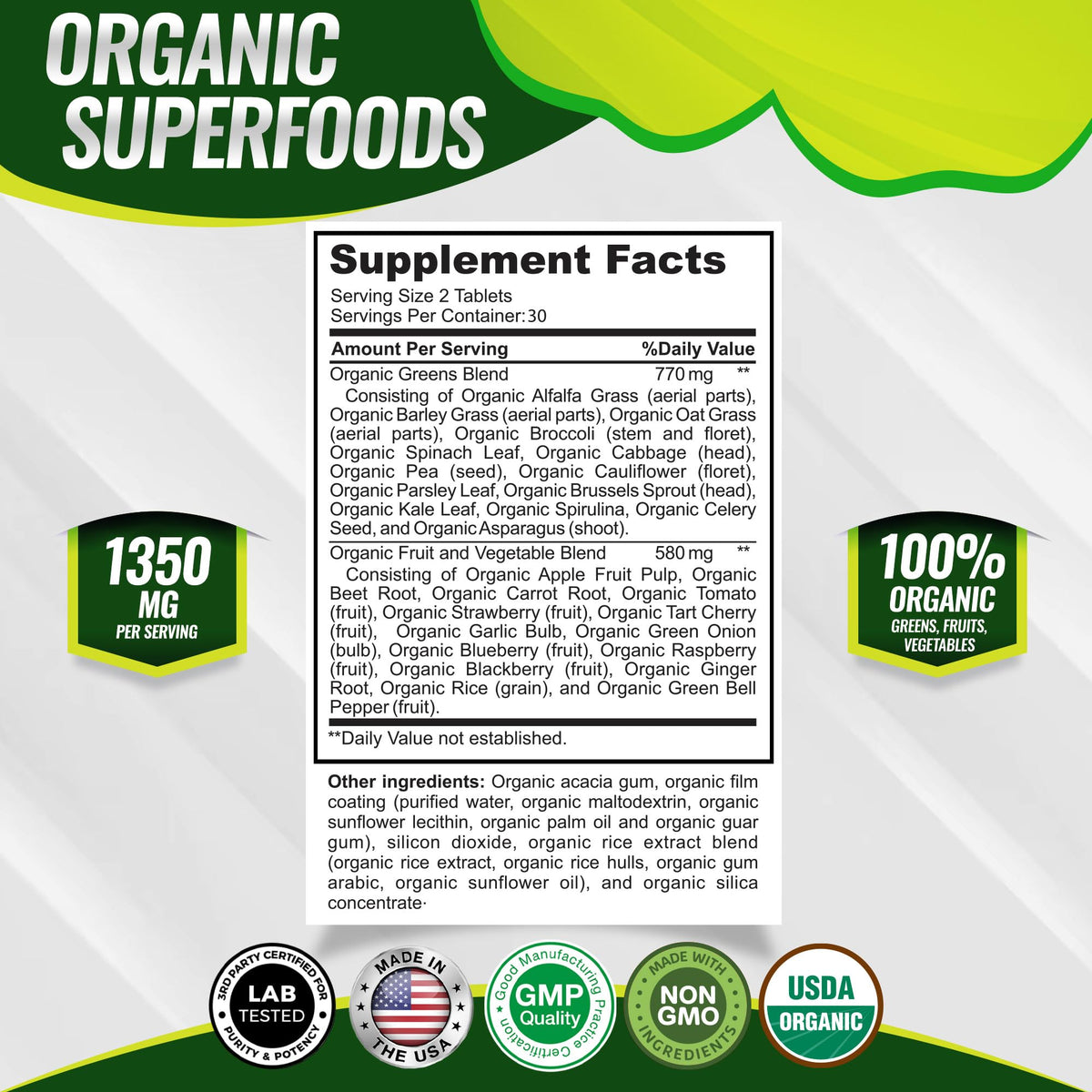 Organic Super Greens Capsules Superfood Supplement 60 Tablets O613517
