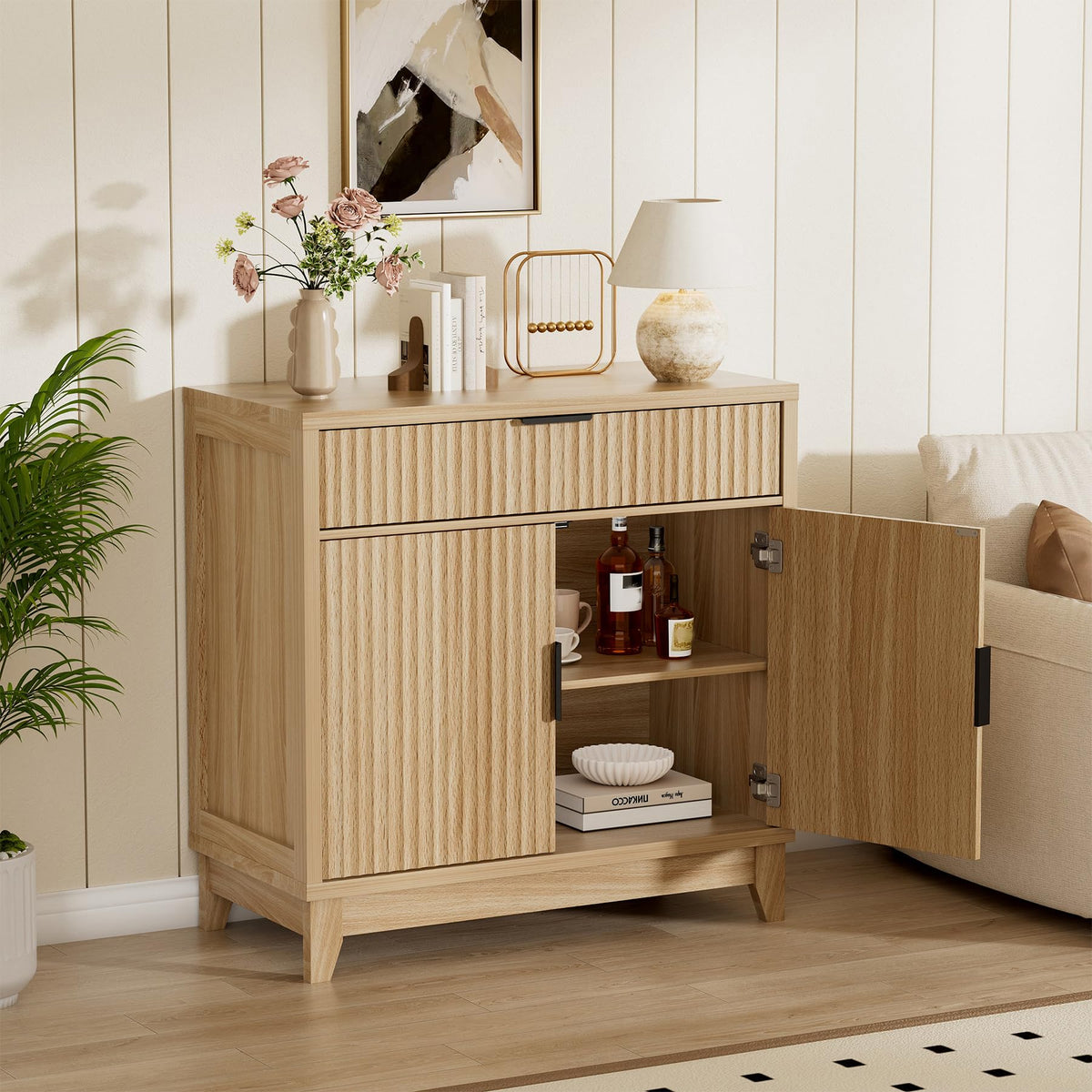 32" Fluted Oak Sideboard Buffet Cabinet with Storage I74884
