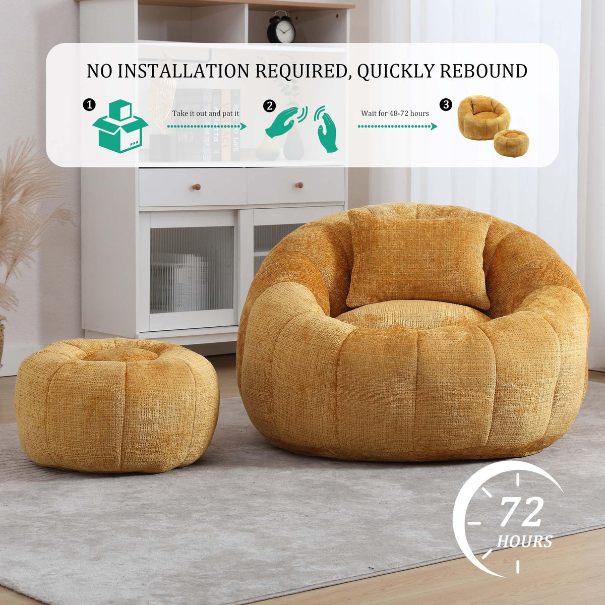 Yellow Memory Foam Bean Bag Chair with Ottoman O812