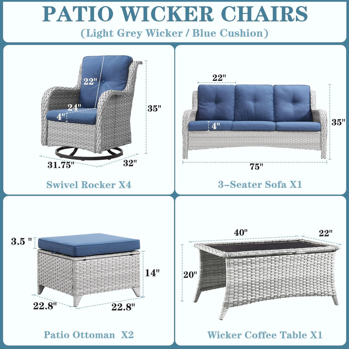 8 Piece Wicker Patio Furniture Set with Swivel Rocker Chairs and Coffee Table H944179