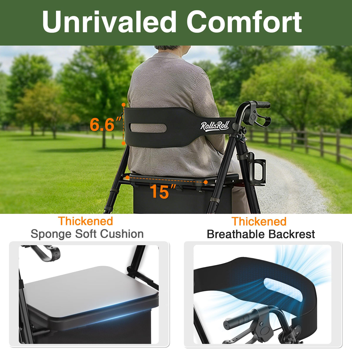 Lightweight Foldable Rollator Walker with 8" Rubber Wheels, 350lb Capacity, Black J47683