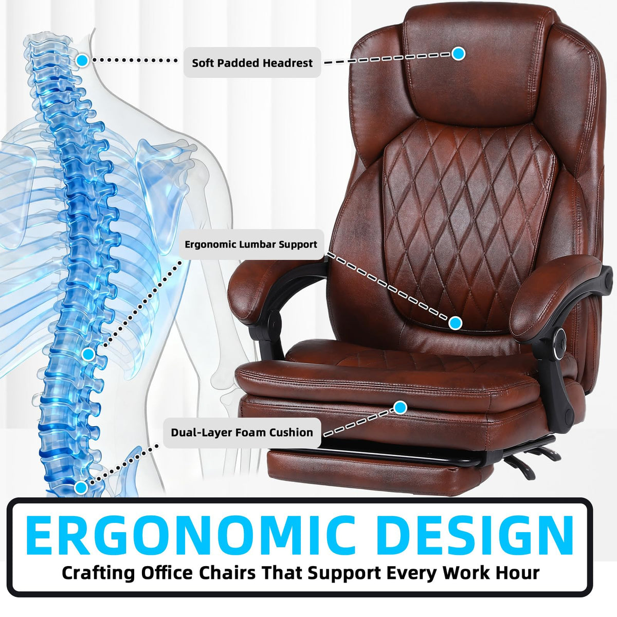 Big and Tall Ergonomic High Back PU Leather Reclining Office Chair with Footrest T83113