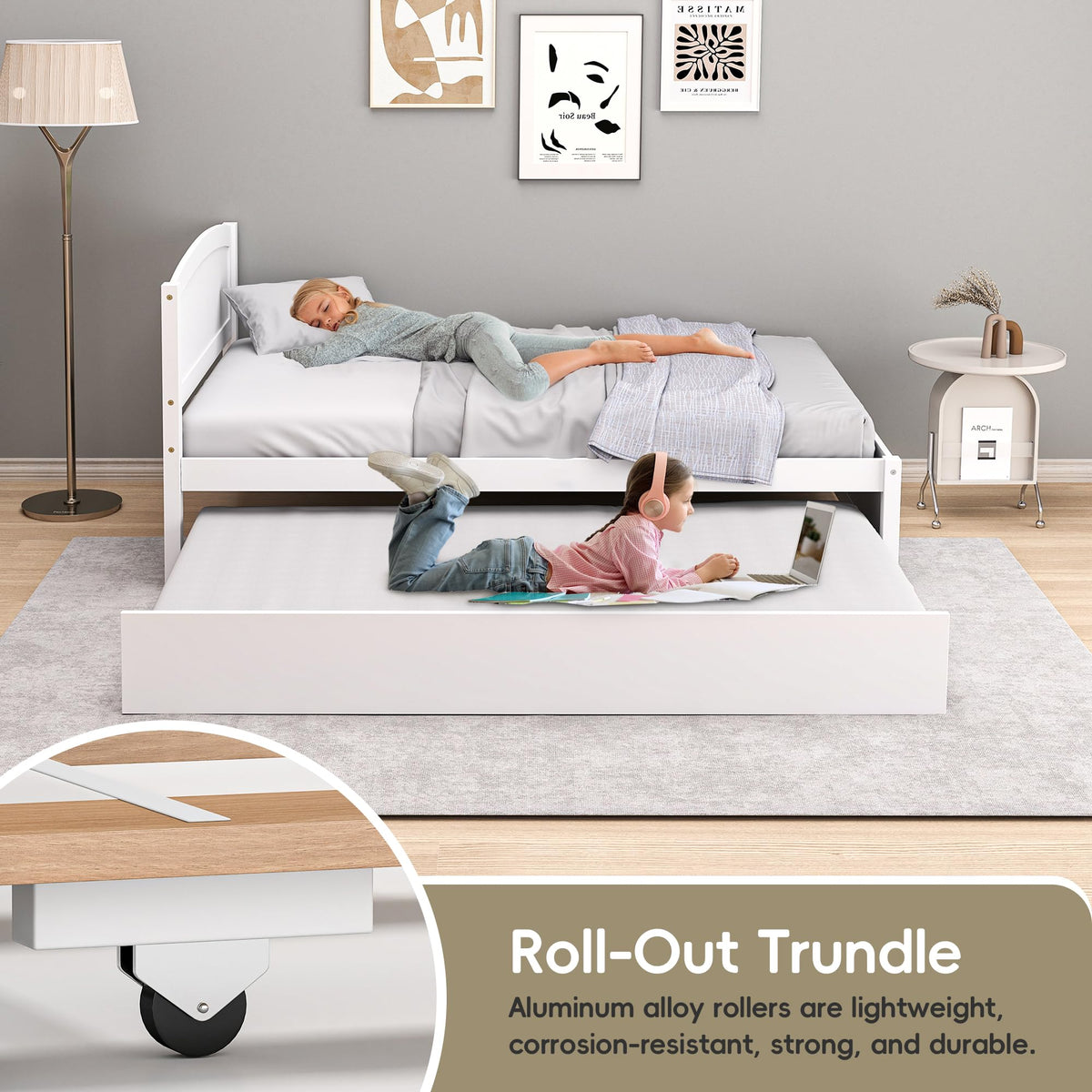 White Twin Trundle Bed with Headboard B9688