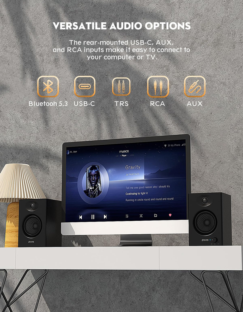 60W Bluetooth 5.3 Stereo 2.0 Computer Speakers 1 Pair Black V3356