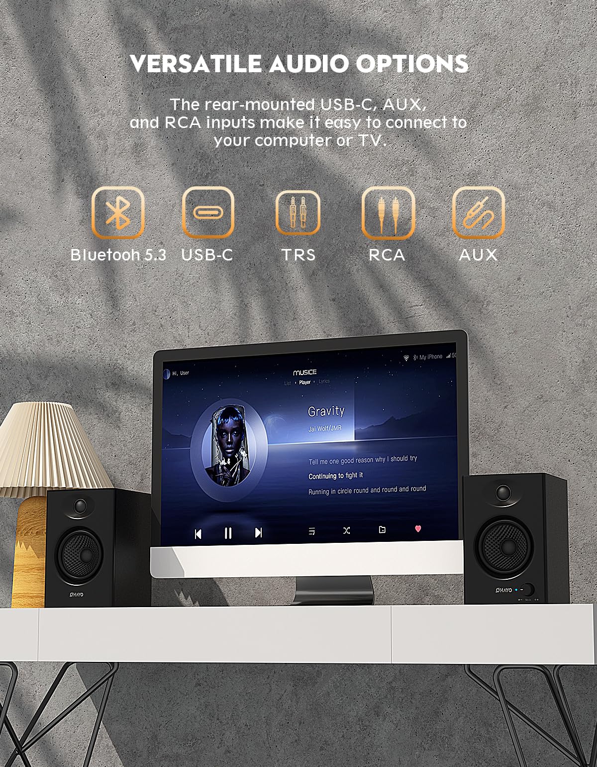 60W Bluetooth 5.3 Stereo 2.0 Computer Speakers 1 Pair Black V3356