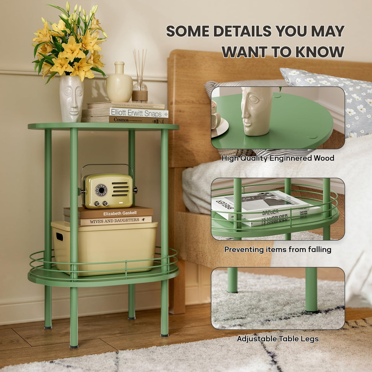 Oval Side Table with Storage, 2-Tier Green End Table K968719