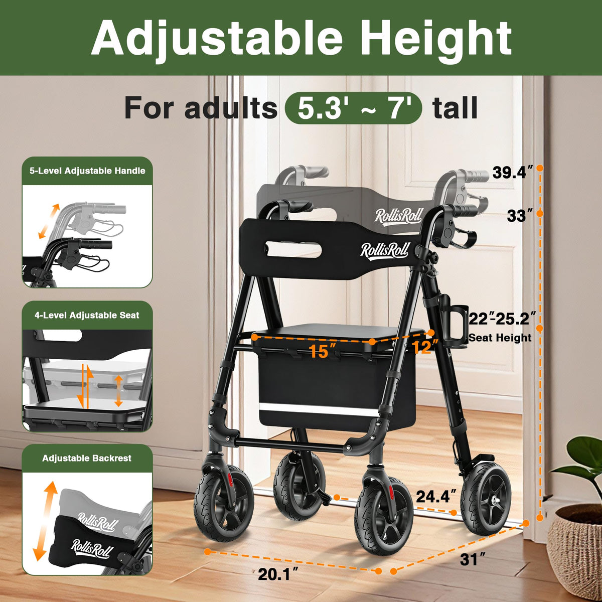 Lightweight Foldable Rollator Walker with 8" Rubber Wheels, 350lb Capacity, Black J47683