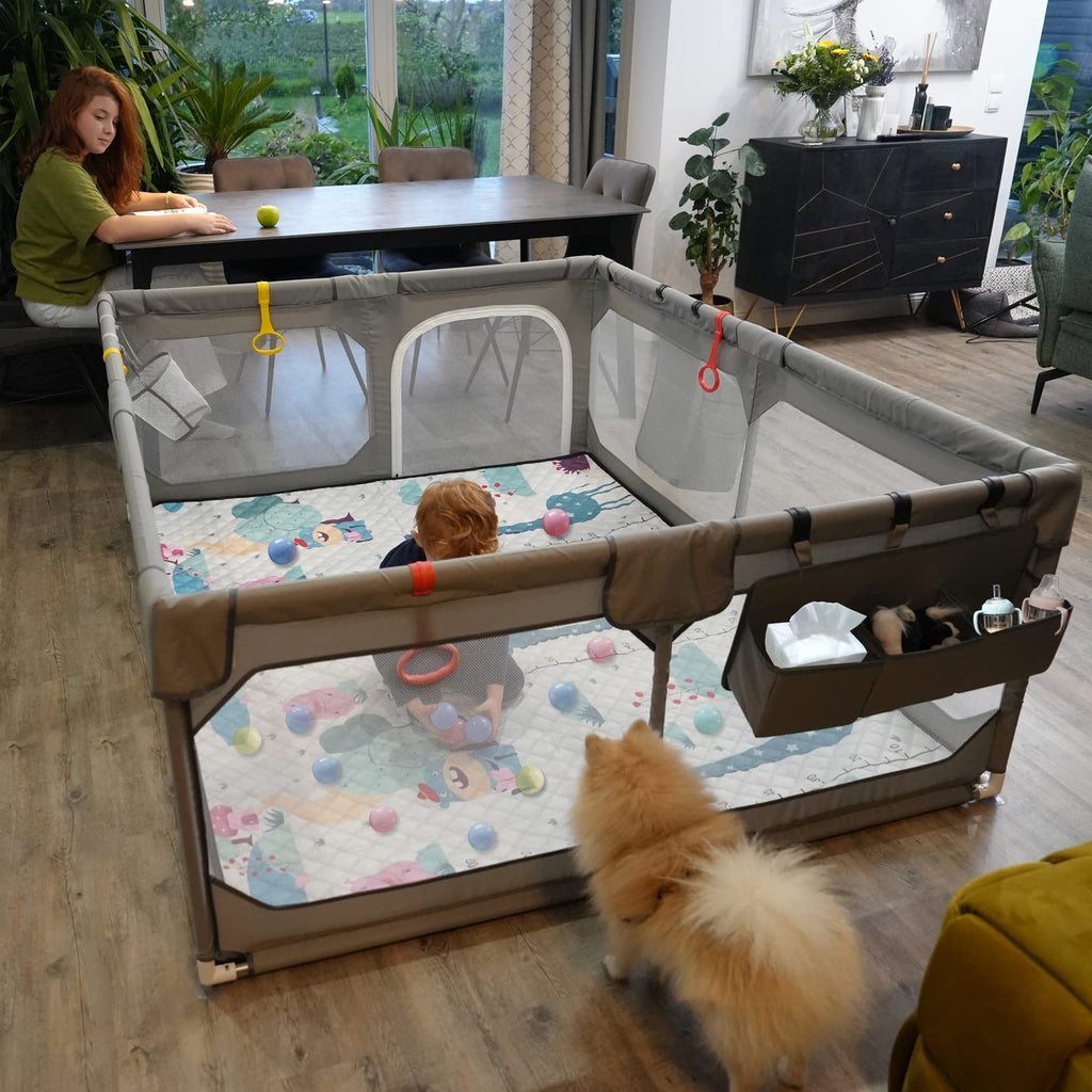 75" x 59" Grey Baby Playpen with Mat Q210027