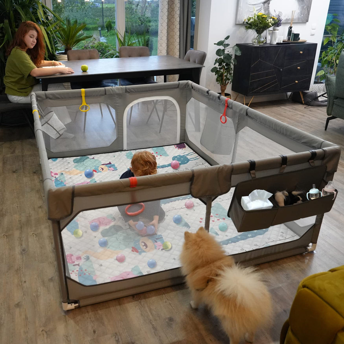 75" x 59" Grey Baby Playpen with Mat Q210027