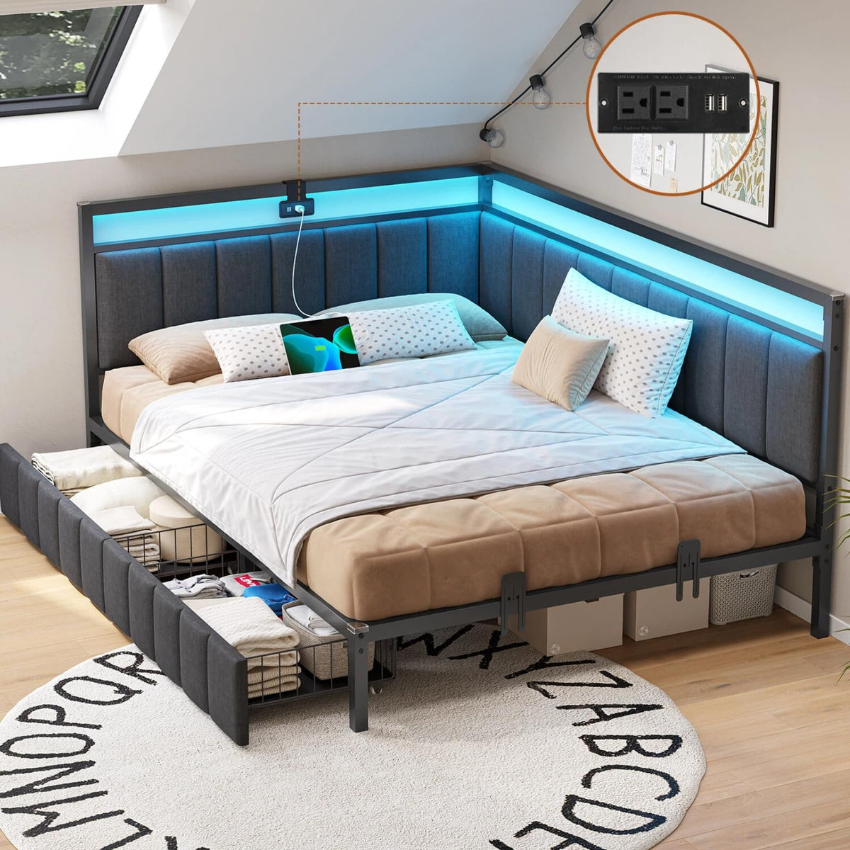 Full Size Corner Bed Frame with 2 Storage Drawers and Charging Station I882