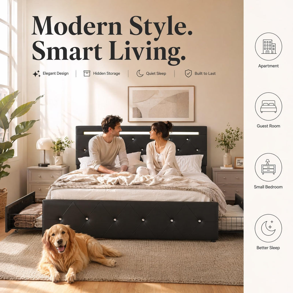 Full Upholstered Bed Frame with 4 Storage Drawers & Headboard R74278