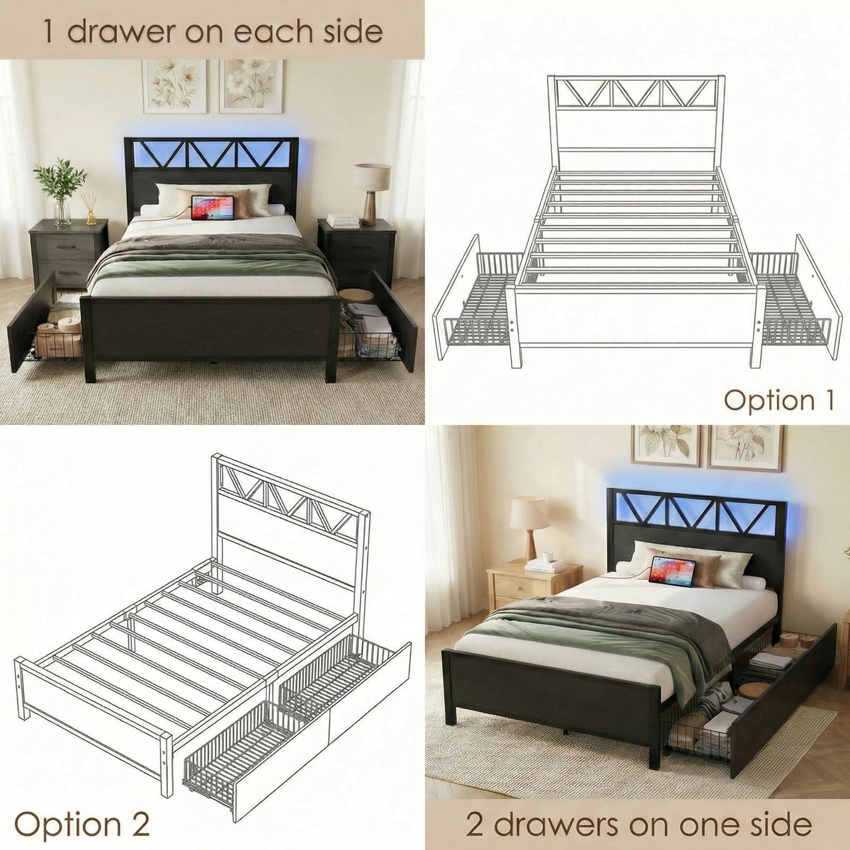 Twin XL Bed Frame with 2 Storage Drawers C21060