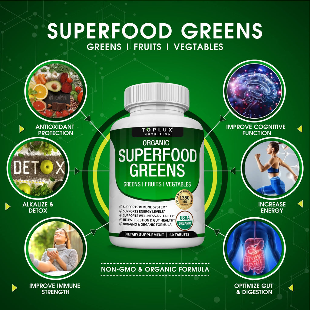 Organic Super Greens Capsules Superfood Supplement 60 Tablets O613517