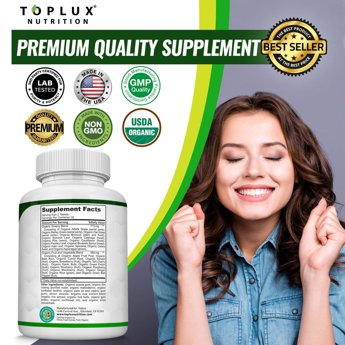 Organic Super Greens Capsules Superfood Supplement 60 Tablets O613517