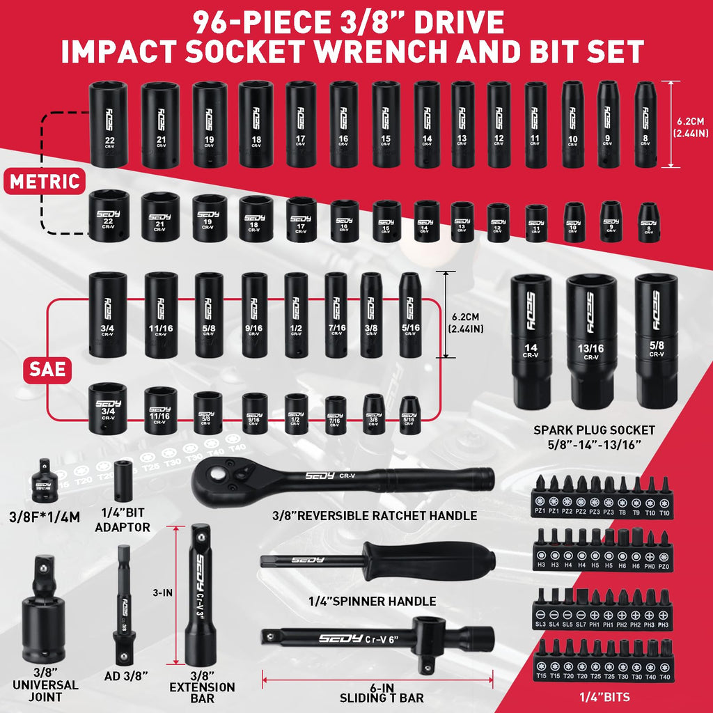 96-Piece 3/8" Drive Impact Socket Wrench and Bit Set, SAE & Metric, Cr-V Standard & Deep Sockets R807287