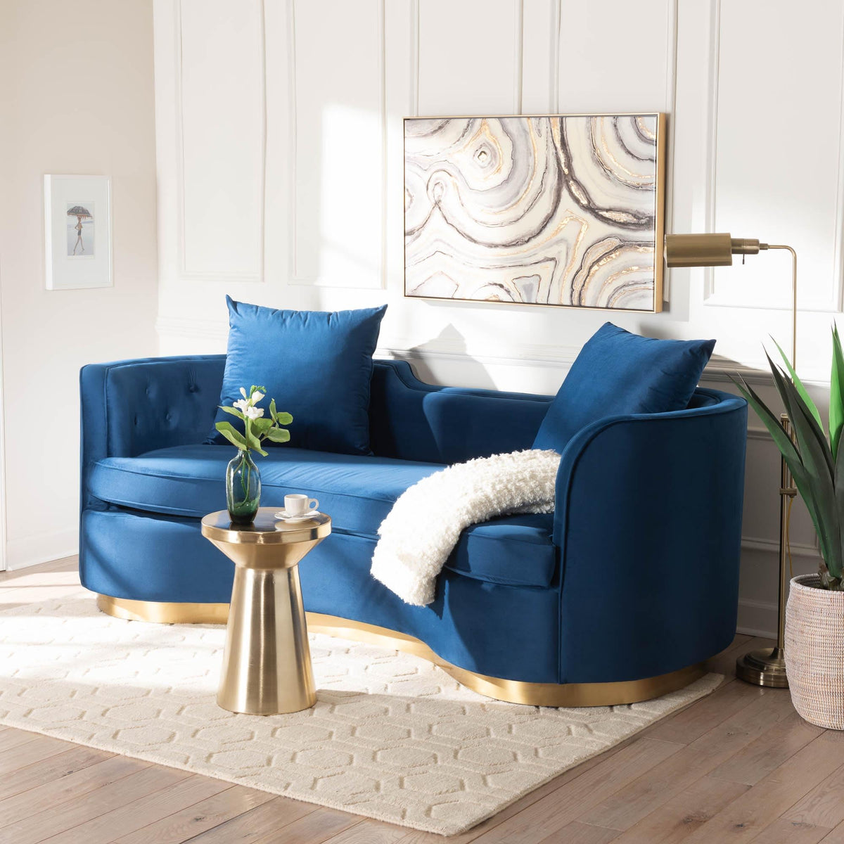 Navy Blue Velvet and Brushed Gold Metal Sofa U367