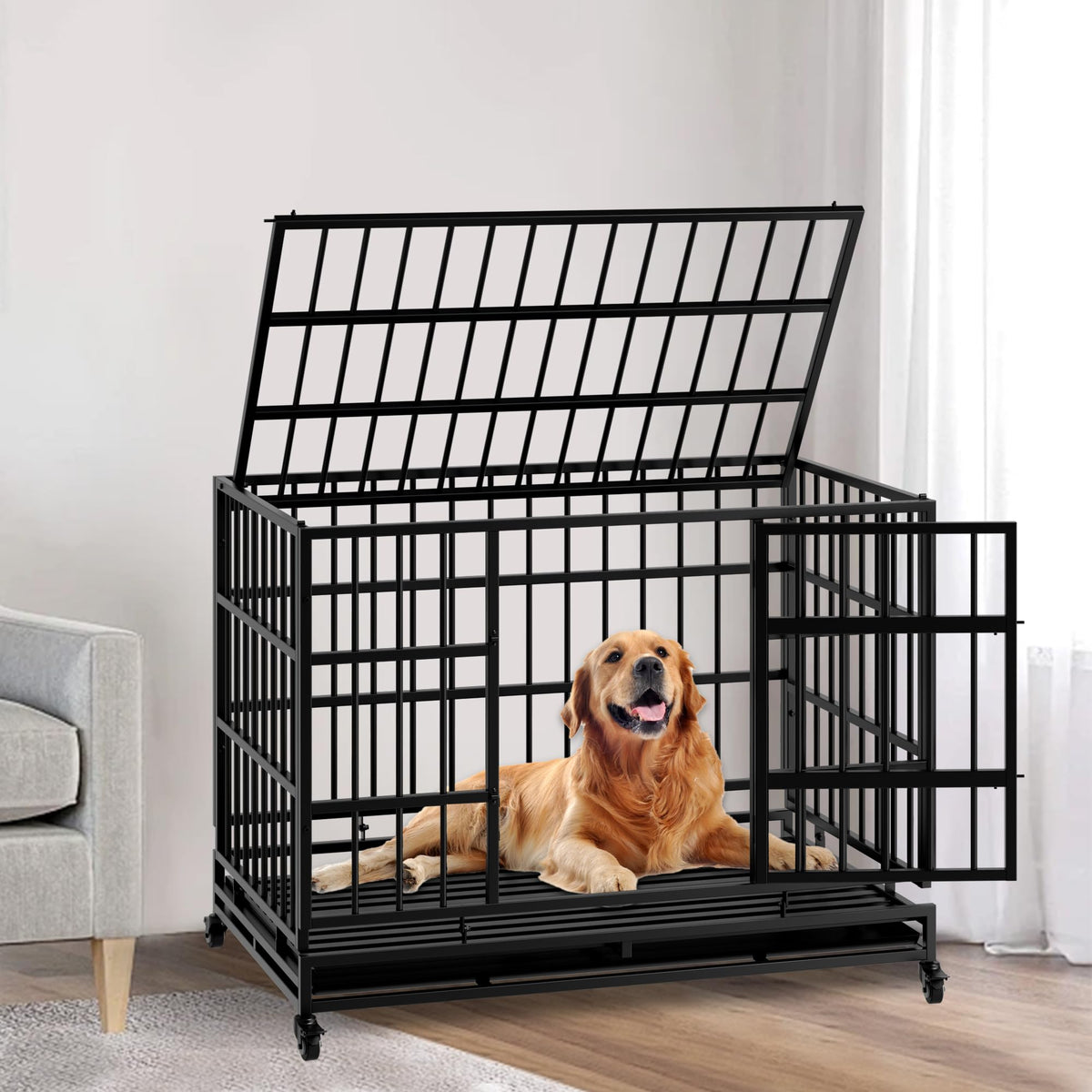48 Inch Heavy Duty Collapsible Metal Dog Crate with Wheels T246507