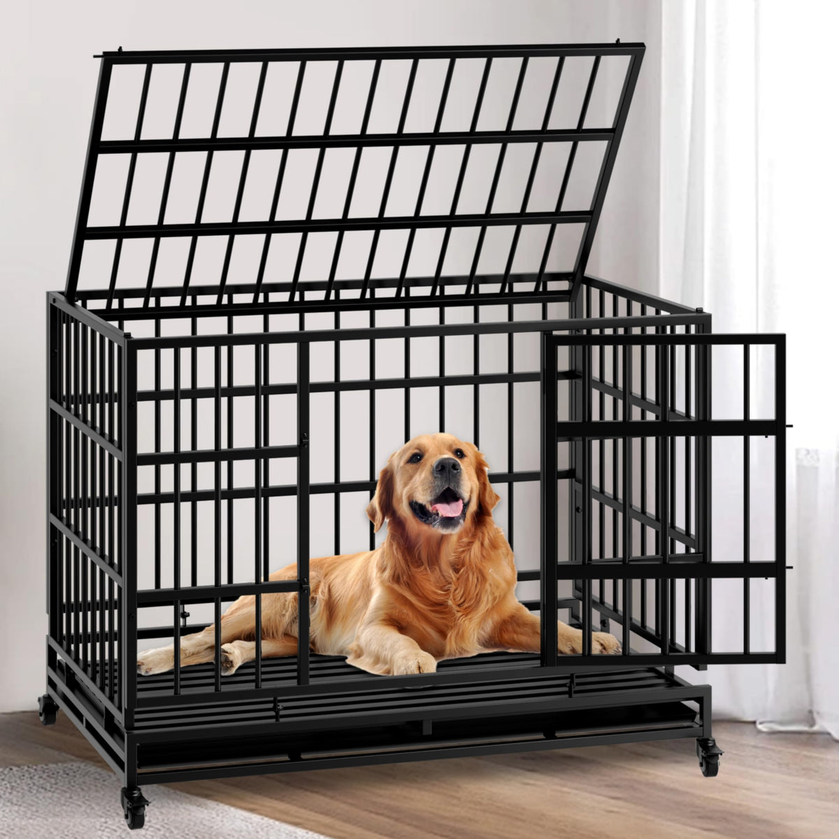 48 Inch Heavy Duty Collapsible Metal Dog Crate with Wheels T246507