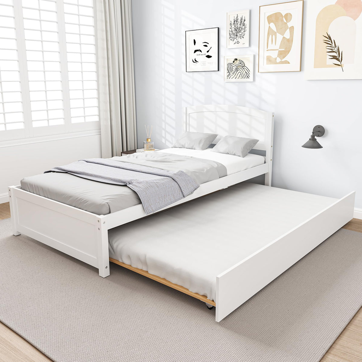 White Twin Trundle Bed with Headboard B9688