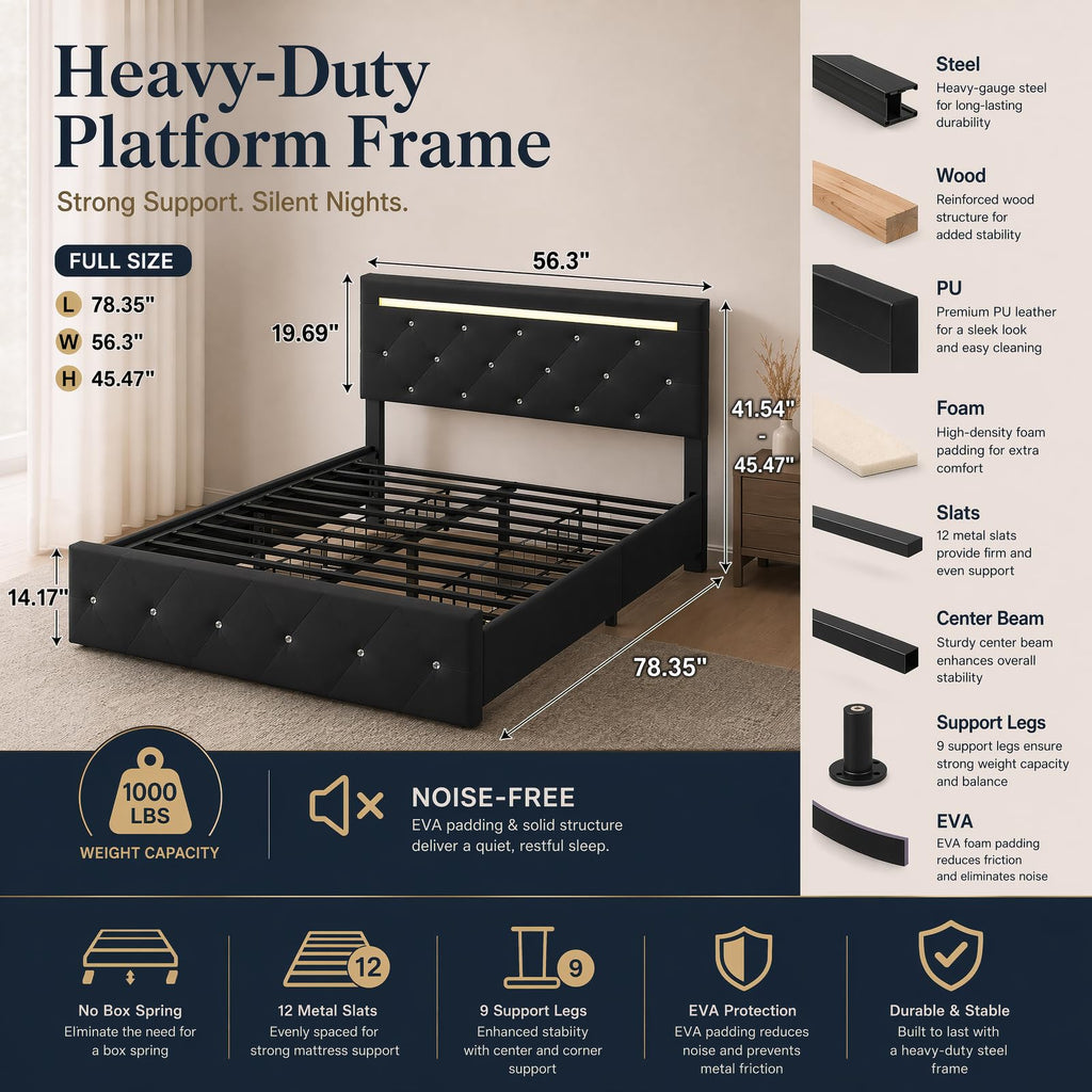 Full Upholstered Bed Frame with 4 Storage Drawers & Headboard R74278