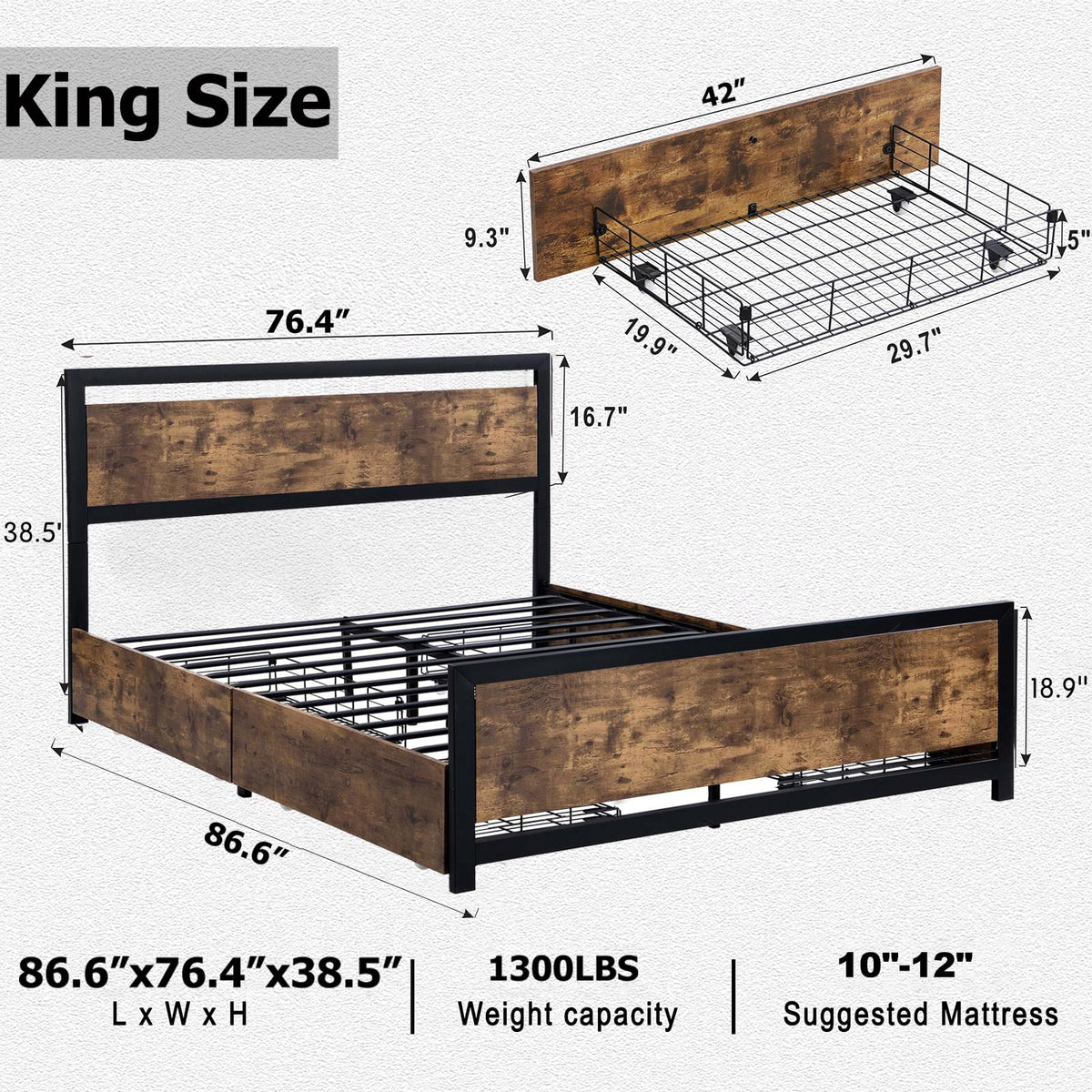 King Size Wood Bed Frame with 4 Storage Drawers K61839