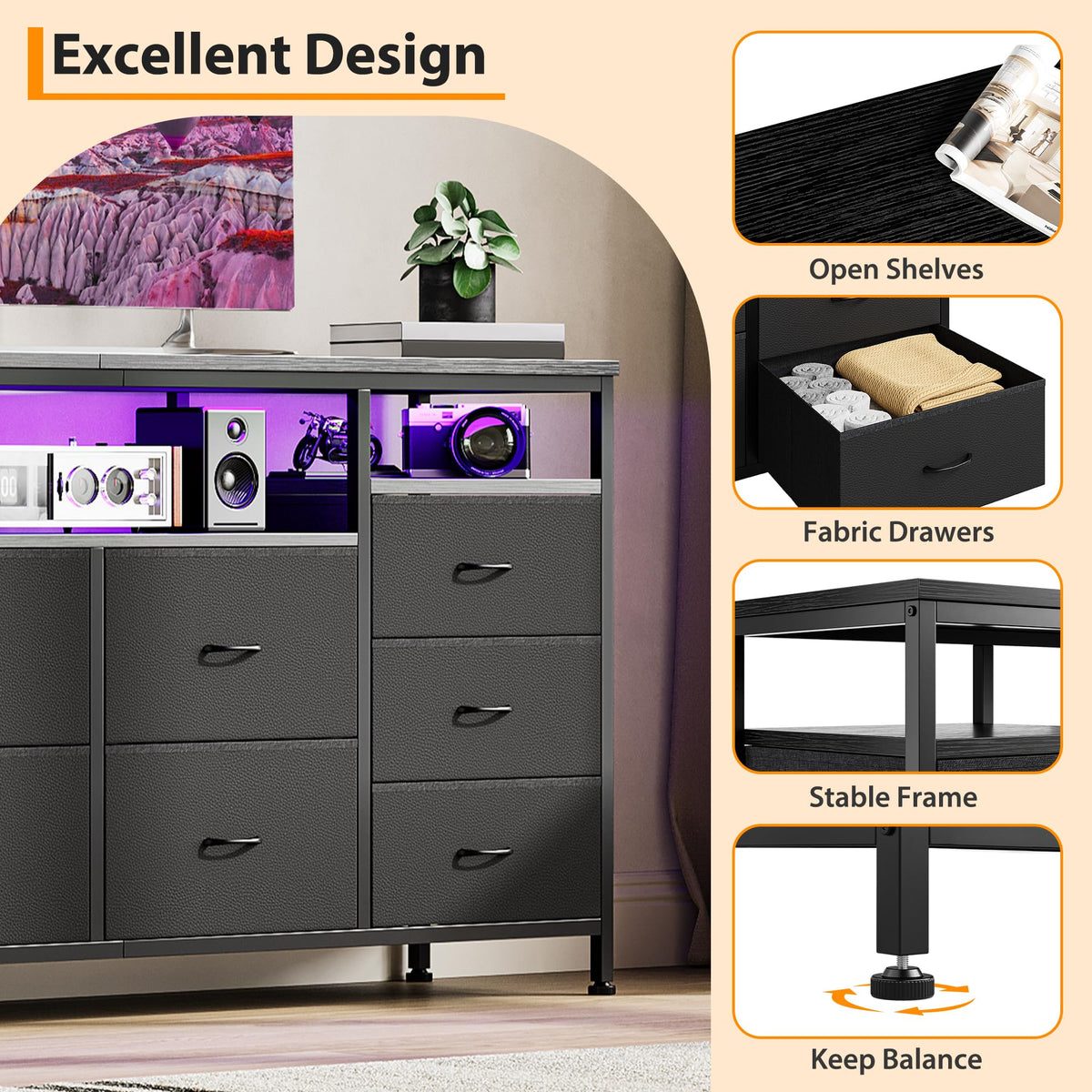 Black 10 Drawer Fabric Dresser with LED Lights & Charging Ports T92652