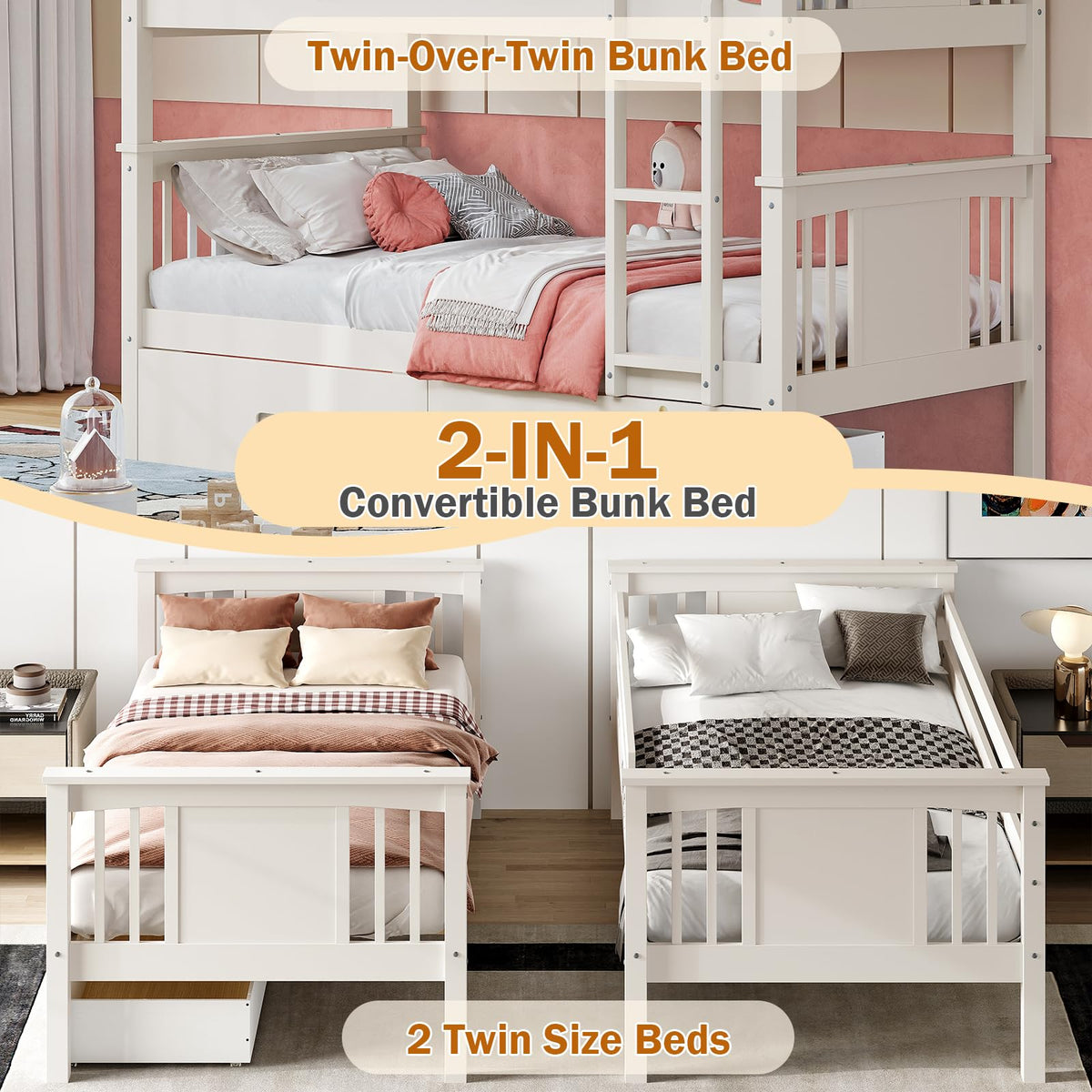 Solid Wood Twin-Over-Twin Bunk Bed with 2 Storage Drawers A1457