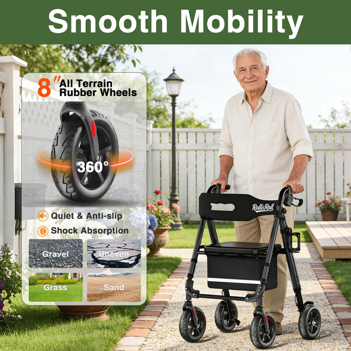 Lightweight Foldable Rollator Walker with 8" Rubber Wheels, 350lb Capacity, Black J47683