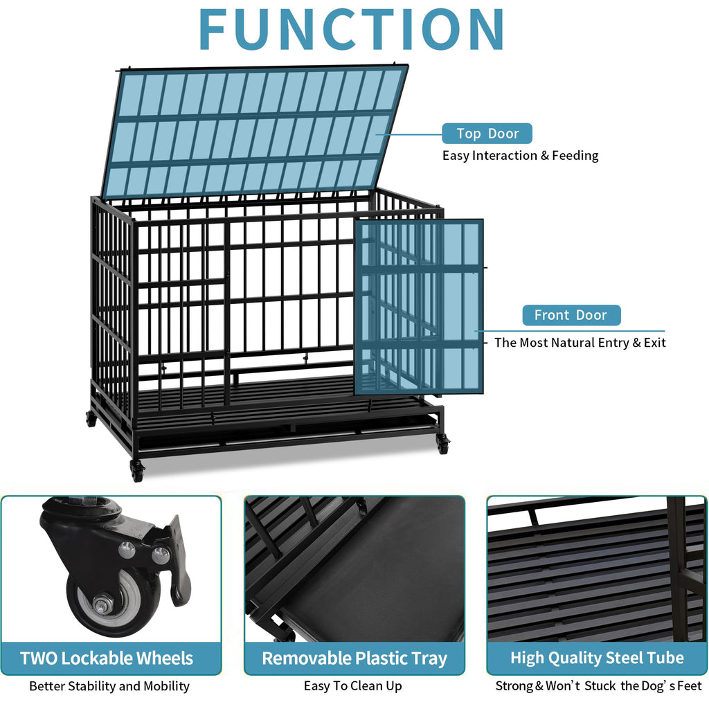 48 Inch Heavy Duty Collapsible Metal Dog Crate with Wheels T246507