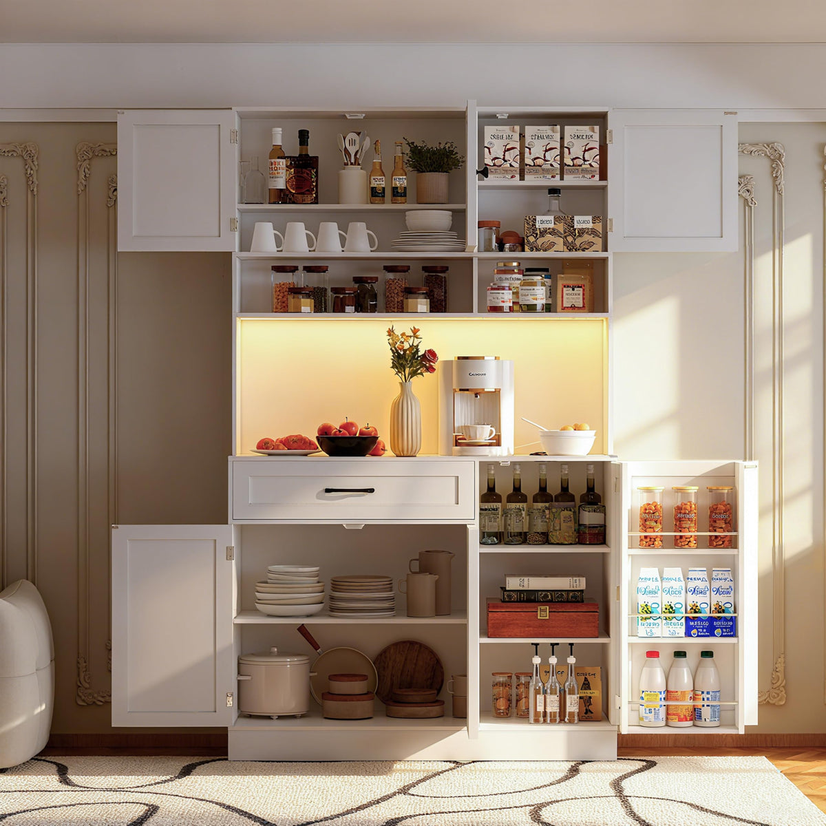 72" Kitchen Pantry Cabinet with LED Light and Charging Station B40744