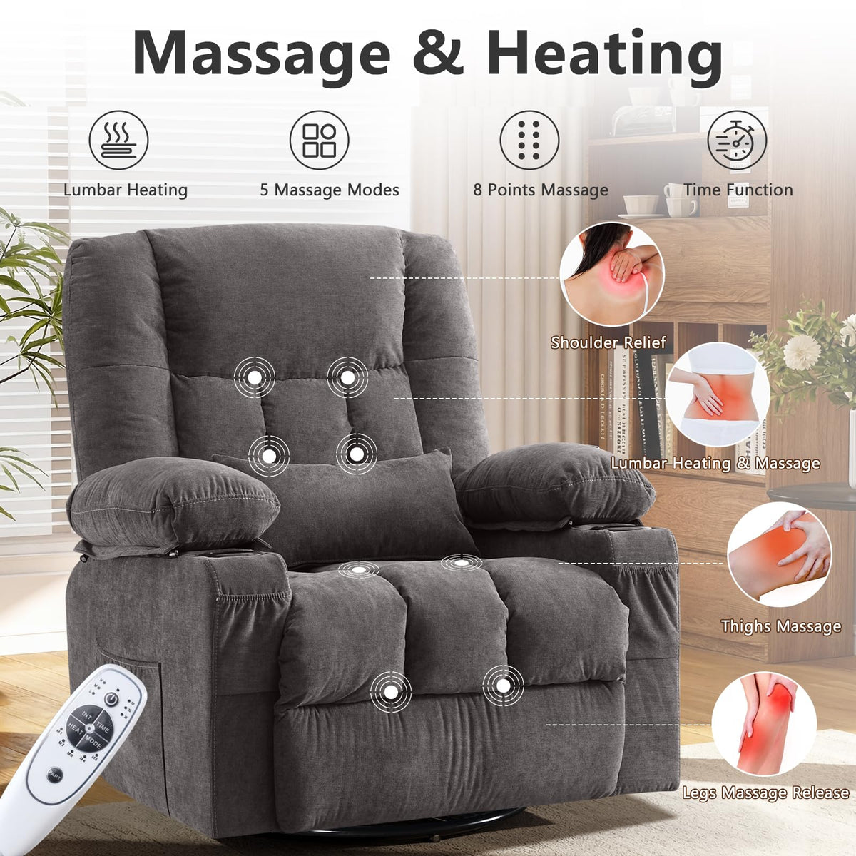 Swivel Rocker Recliner Chair with Massage and Heat K315403