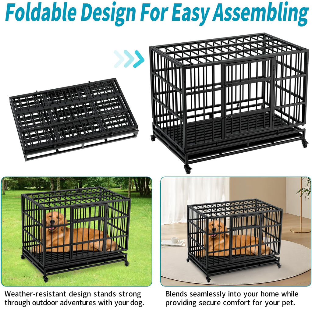 48 Inch Heavy Duty Collapsible Metal Dog Crate with Wheels T246507