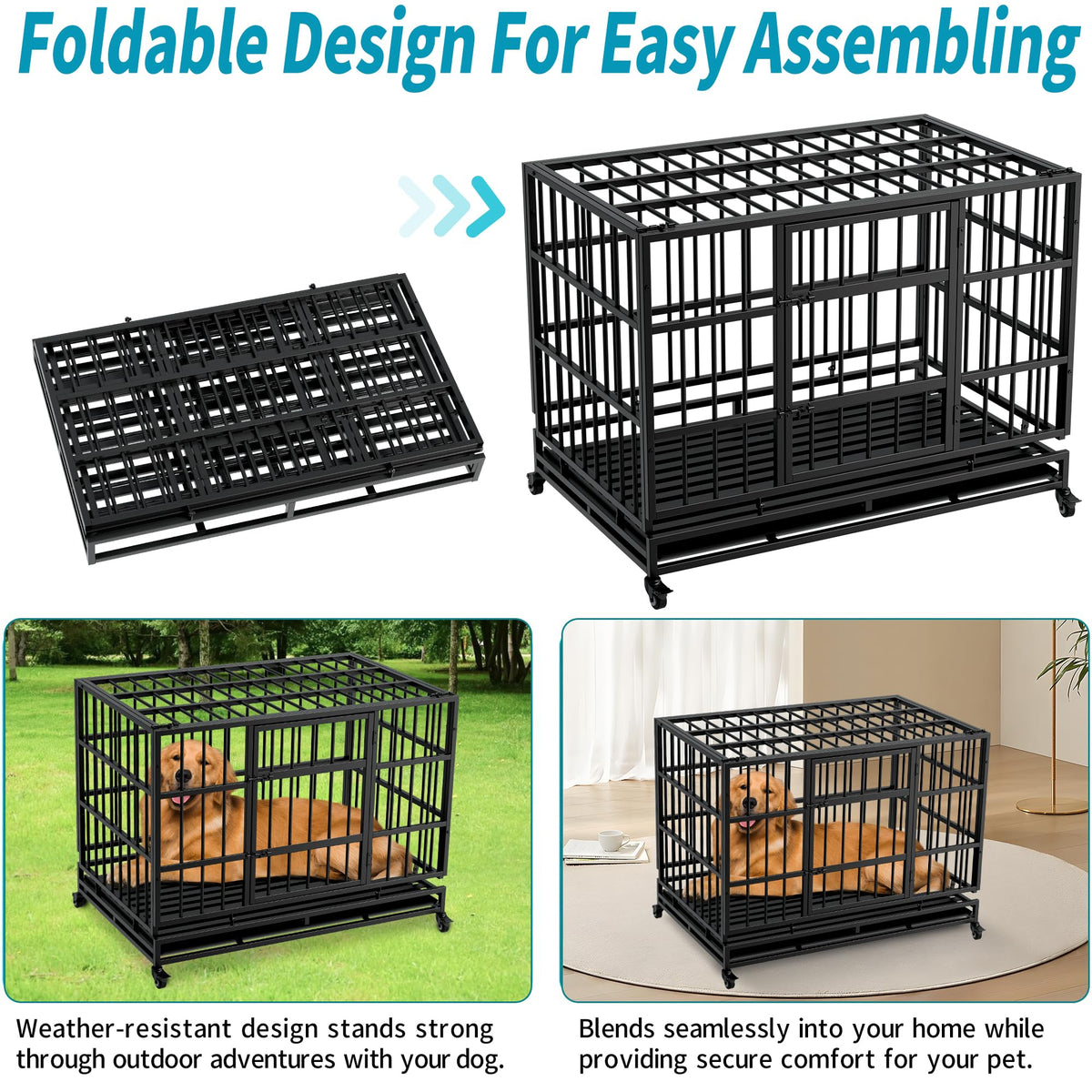 48 Inch Heavy Duty Collapsible Metal Dog Crate with Wheels T246507
