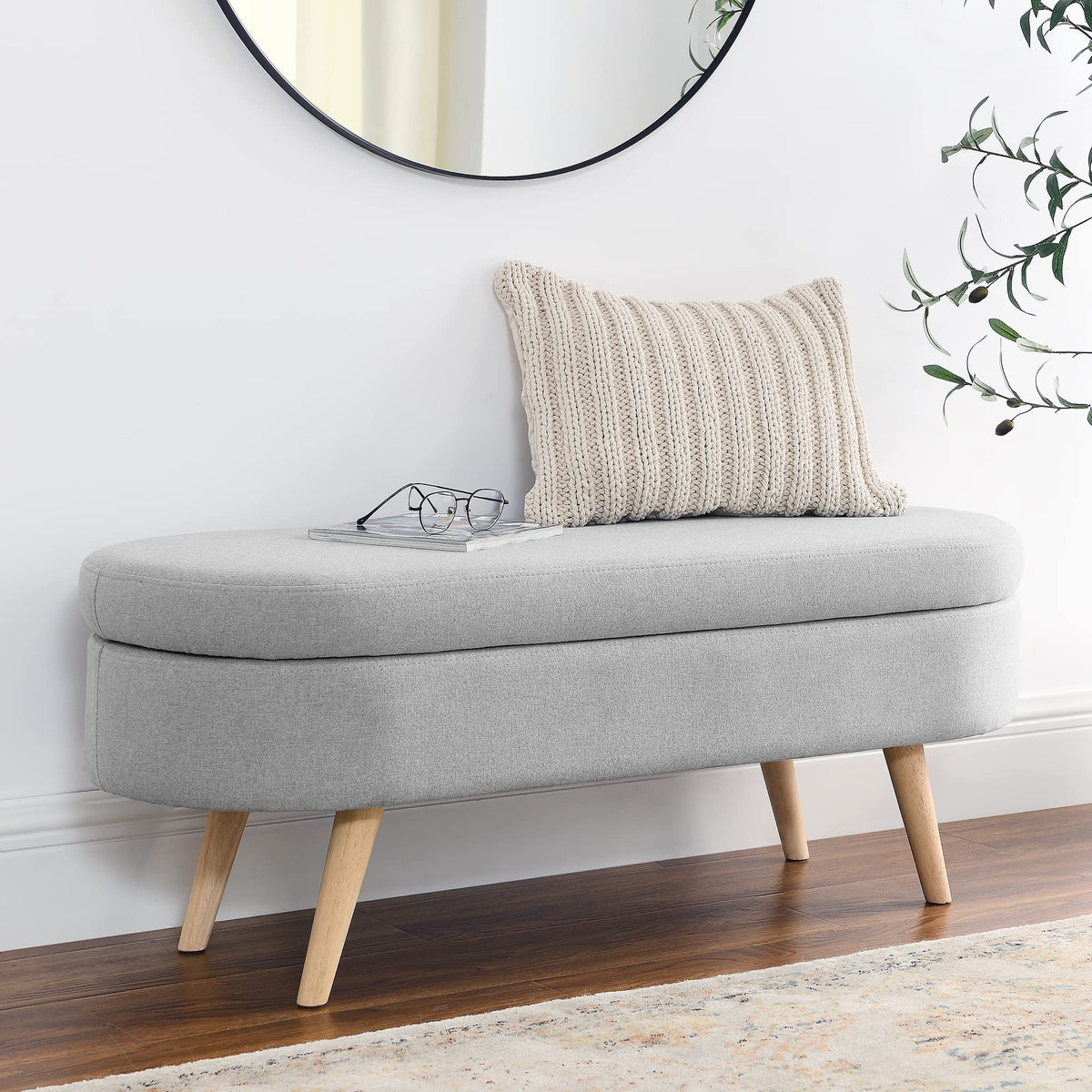 Oval Storage Bench with Linen Fabric and Rubber Wood Legs Grey Q76654