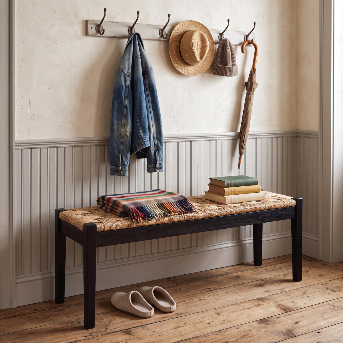 46-Inch Acacia Wood Entryway Bench with Woven Seagrass Seat V319710