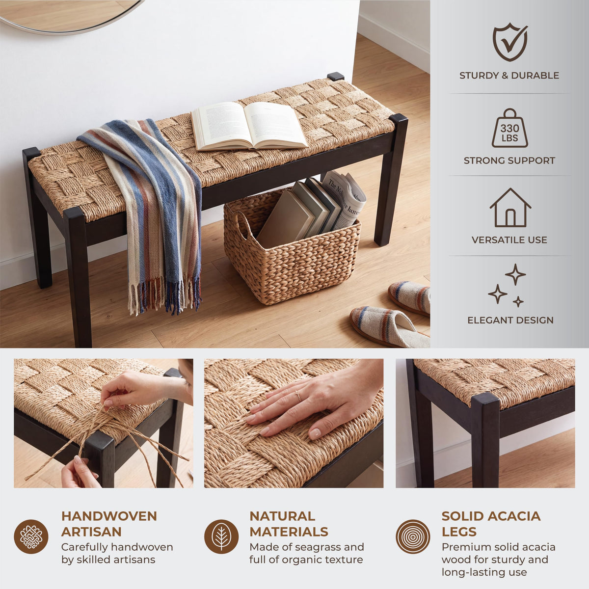 46-Inch Acacia Wood Entryway Bench with Woven Seagrass Seat V319710