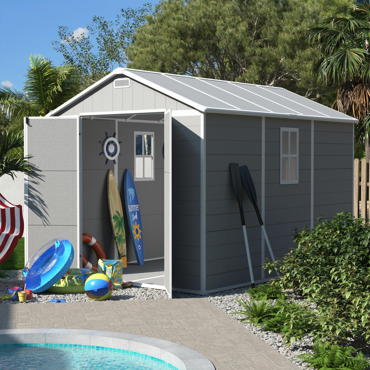 Plastic Storage Shed 7.5x10FT Grey White N147843